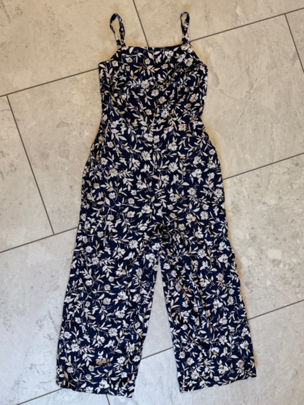 Old Navy Navy and White Floral Spaghetti-Strap Jumpsuit size Small